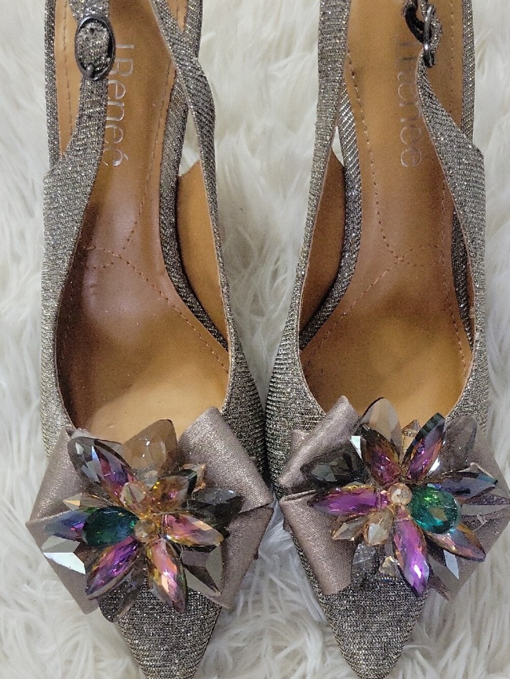 J.Renee Silver Slingback Heels with Multicolor Gem Flower - Picture 3 of 9